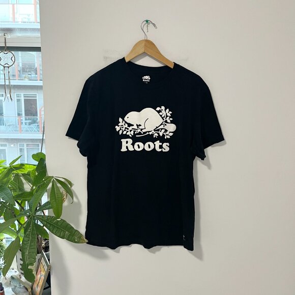Roots Canada Black Logo Short Sleeve Tee Size Large - Picture 1 of 6